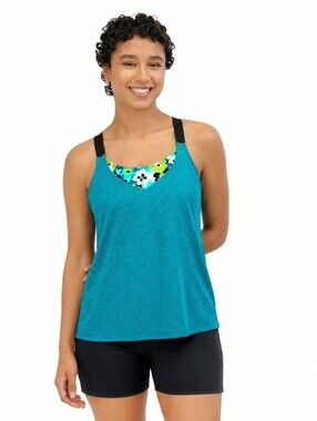 Teal Floral Tankini Swim Top XS Mesh Overlay UPF 30 Quick Dry Racerback NWT